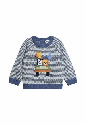 Blau-weiß gestreifte Kinderstrickjacke mit besticktem Giraffe, Zebra, Löwe und Elefant in einem grünen Jeep auf der Vorderseite.