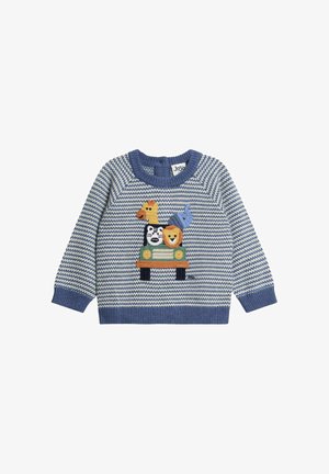 Blau-weiß gestreifte Kinderstrickjacke mit besticktem Giraffe, Zebra, Löwe und Elefant in einem grünen Jeep auf der Vorderseite.