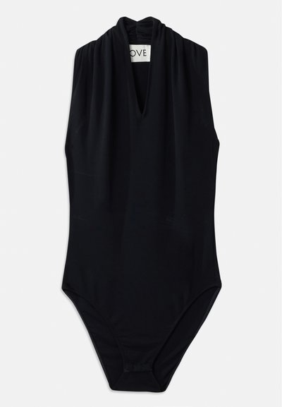 Black sleeveless bodysuit featuring a deep v-neck and gathered detail at the collar. Made of smooth, stretchable fabric. Minimalist design.