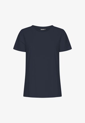 Tricou bleumarin cu mânecă scurtă și decolteu rotund, realizat dintr-un material moale, cu croială lejeră și fără modele sau accente vizibile.