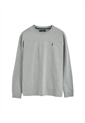 Maglietta a maniche lunghe grigio chiaro con scollo rotondo e piccolo logo scuro di un giocatore di polo sul petto a sinistra.