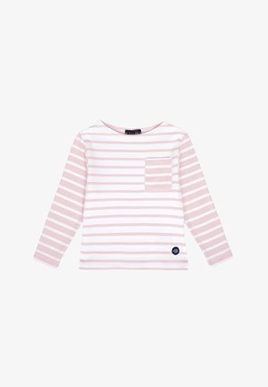 Chemise à manches longues à rayures rose clair et blanche, avec une poche sur la poitrine et un petit logo rond sur le coin inférieur droit.