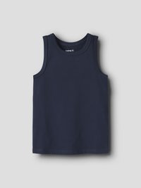 Navyblauw mouwloos katoenen tanktop met ronde halslijn, vlakke naden en subtiel merkje aan de binnenkant van de kraag, op een lichtgrijze achtergrond.