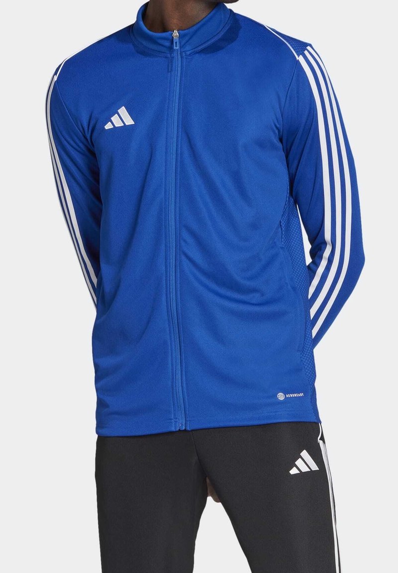 Man wearing a blue Adidas zip-up jacket with white stripes on sleeves and black Adidas pants with white logo and side stripes.