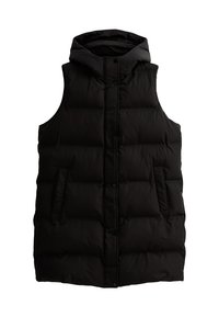 Gilet smanicato nero, imbottito, con cappuccio, caratterizzato da un design trapuntato, bottoni a scatto e due tasche laterali. Tessuto liscio e leggero.