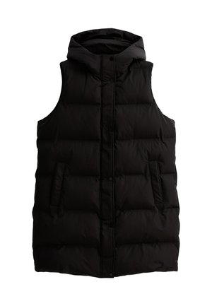 Black puffy sleeveless vest with a hood, featuring a quilted design, snap buttons, and two side pockets. Smooth, lightweight fabric.