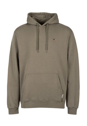 Plain olive green hooded sweatshirt with front pocket, drawstrings, and small multicolored embroidered logo on left chest.