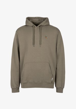Plain olive green hooded sweatshirt with front pocket, drawstrings, and small multicolored embroidered logo on left chest.
