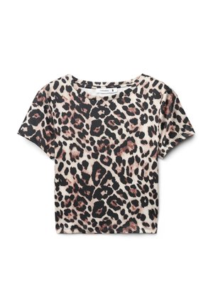 T-shirt a maniche corte con stampa leopardata e scollatura rotonda; presenta colori beige, nero e marrone; texture liscia, vestibilità comoda.