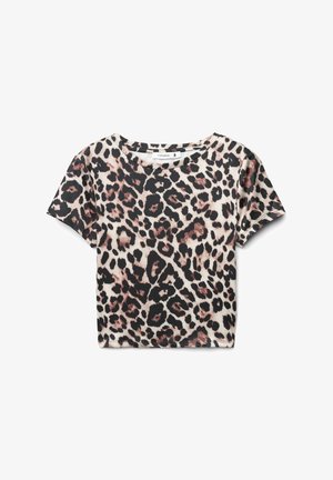T-shirt a maniche corte con stampa leopardata e scollatura rotonda; presenta colori beige, nero e marrone; texture liscia, vestibilità comoda.