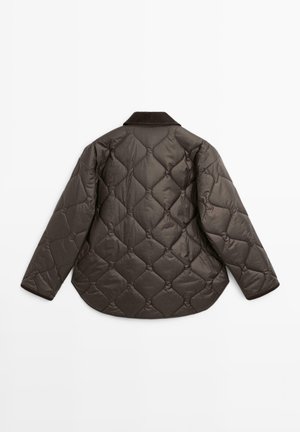 Brown quilted jacket featuring a rounded hem, long sleeves, and a dark collar. Textured surface with diamond-shaped patterns throughout.