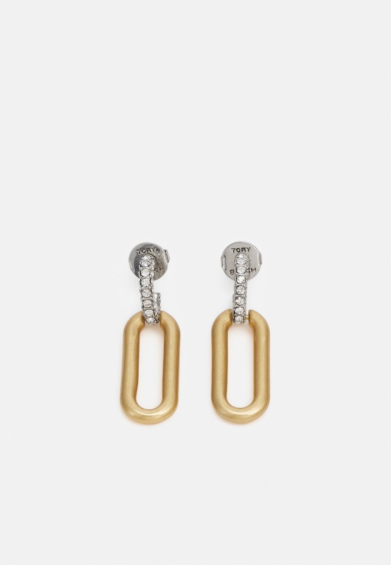 Boucles d'oreilles clous en argent avec de petits cristaux clairs reliant de grandes maillons ovales allongés en or mat.