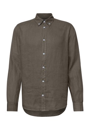 Koszula długorękawowa w kolorze ciemnej oliwki, zapinana na guziki, z kołnierzem i białymi guzikami, wykonana z teksturowanej tkaniny.