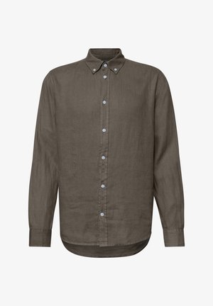 Camisa de manga larga color oliva oscuro con botones blancos y cuello, hecha de tela texturizada.