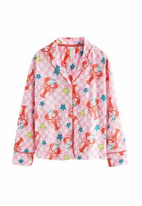 Långärmad pyjamasöverdel i rosa bomull, prydd med ett rutigt mönster med röda humrar och färgglada stjärnor. Med slagkrage och knäppning.