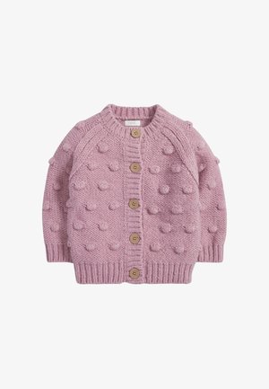 Cardigan bébé rose tricoté avec des boutons en bois et une texture en pompons en relief sur le devant, les manches et le dos, avec des poignets et un ourlet côtelés.