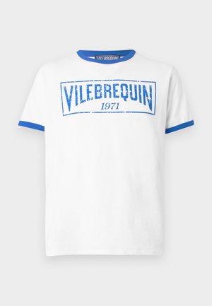 White short-sleeve T-shirt with blue trim on collar and sleeves, featuring distressed blue "VILEBREQUIN 1971" text on chest.