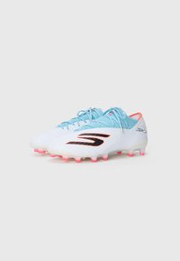 White football cleats with a textured surface, light blue accents, black logo, and pink-tipped studs; feature lace-up design and snug fit.
