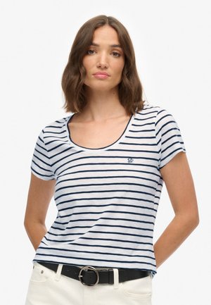Gestreept T-shirt in wit en marineblauw, gemaakt van een zachte stof, met een ronde hals en korte mouwen, voorzien van een klein logo op de borst.