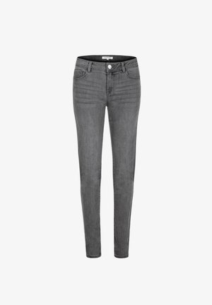 Skinny fit grey jeans made of denim, featuring a mid-rise waistband, front pockets, and a single button closure. Smooth texture and minimal wear.