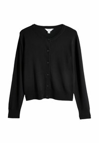 Zwarte cardigan gemaakt van zachte stof, met een V-hals, lange mouwen en een knoopsluiting aan de voorkant met bijpassende zwarte knopen.