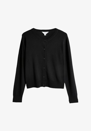 Sort cardigan lavet af blødt materiale, med V-hals, lange ærmer og en knaplukning foran med matchende sorte knapper.