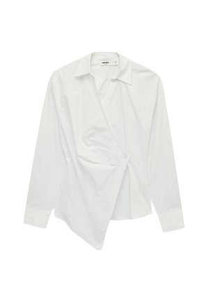 Witte blouse met lange mouwen, overslag, kraag, asymmetrisch voorpand en enkele knoopsluiting in de taille.