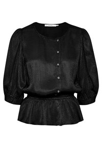 Blusa de malla negra con mangas abullonadas, escote redondo y cierre de botones en el frente. Presenta una cintura peplum y un patrón de tela texturizada.