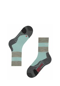 Due paia di calze: una blu chiaro con accenti grigi e scuri, caratterizzata da righe e etichettata per piede sinistro/destro. Materiale texturizzato.
