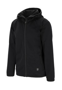 Schwarze Softshell-Jacke mit Kapuze, Reißverschluss, zwei Seitentaschen und elastischen Bündchen. Glatte Außenseite mit Fleecefutter für Wärme.