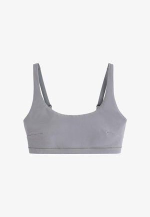 Harmaa bralette, jossa on yksinkertainen muotoilu, säädettävät ohuet olkaimet ja sileä pinta. Sisältää huomaamatonta tikkausta ja ei vuorattua.