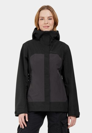 Black waterproof jacket with a gray panel, zippered pockets, adjustable hood, and long sleeves. Soft texture and sleek design.