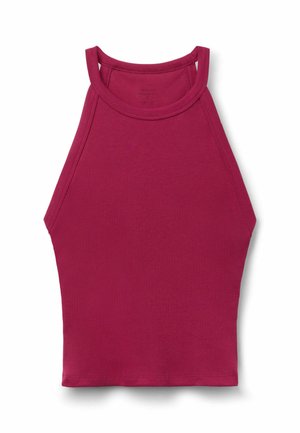 Ærmeløs ribbet tanktop i mørk pink med høj halsudskæring og smalle skulderstropper, fladt lag på hvid baggrund.