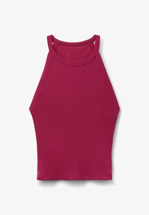 Ærmeløs ribbet tanktop i mørk pink med høj halsudskæring og smalle skulderstropper, fladt lag på hvid baggrund.
