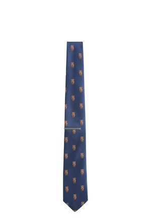 Navy blue necktie with repeating embroidered brown dog pattern and silver tie clip centered near the bottom.