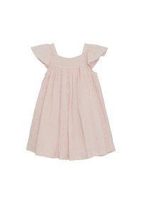 Hellrosa ärmelloses Kleid mit Rüschendetails an den Schultern, strukturierter Stoff mit kleinen geprägten Blumenmustern und gerafftem Rock.