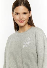 Grijze sweatshirt met ronde hals en lange mouwen, met witte geborduurde tekst op de linkerborst. Zachte stoftextuur.