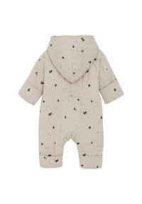 Polstret baby romper i lys beige, med hætte, lange ærmer og sort spraglet mønster. Elastisk talje og afsluttede ankler. Struktureret stof.