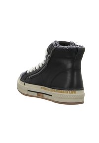 High-Top-Sneaker aus schwarzem Leder mit weißen Schnürsenkeln, ausgefranstem grauem Kragen, seitlichem Reißverschlussdetail und brauner Sohle mit eingraviertem Text.