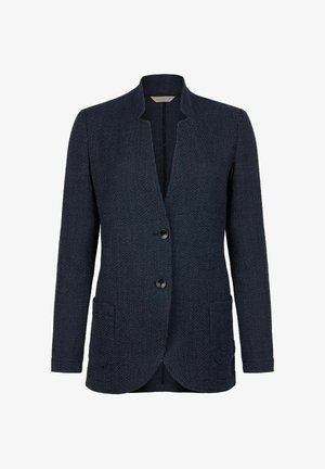 Marineblazer aus strukturiertem Stoff, mit zwei schwarzen Knöpfen und zwei vorderen Taschen. Mit einem Reverskragen und langen Ärmeln.