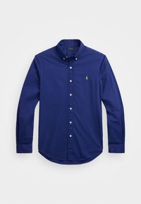 Mörkblå långärmad skjorta med knappar i bomullstyg, med spetsig krage och en liten grön logotyp på vänster bröst.