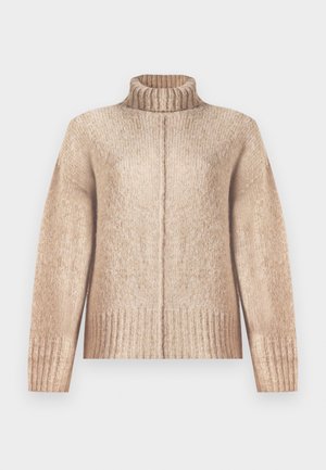 Beiger gestrickter Pullover mit hohem Rippkragen, weiten Ärmeln und geripptem Saum. Weiche Textur mit subtiler Melange-Musterung.