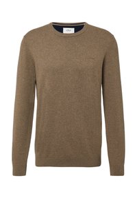 Męski brązowy sweter z długim rękawem i okrągłym dekoltem, z ryżowymi mankietami i dołem, z małym haftowanym logo marki na lewej piersi.