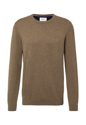 Pull-over homme à manches longues en brun avec encolure ronde, poignets et ourlet côtelés, petit logo de marque brodé sur la poitrine gauche.