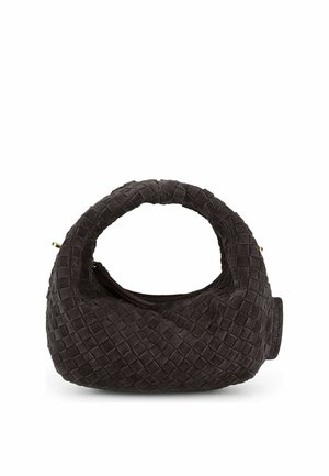 Borsa a mano nera intrecciata con texture, manico arrotondato e forma a mezzaluna, esposta su sfondo bianco.