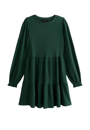 Green knit dress with long sleeves, round neckline, and tiered skirt. Features textured fabric and elastic cuffs. Simplistic design.