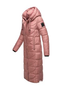 Long pink puffer coat with a quilted design, oversized hood, front zip closure, side pockets, and elastic cuffs. Smooth, shiny material.