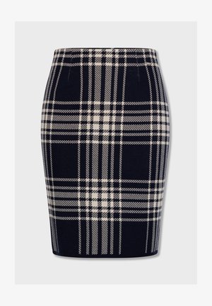 Gonna a tubino a quadri blu con righe bianche e grigie chiare, design aderente, texture liscia, lunghezza fino a metà coscia e vita.