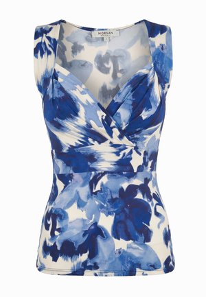 Top sin mangas para mujer con un patrón floral abstracto azul y blanco y un diseño cruzado con escote en V.