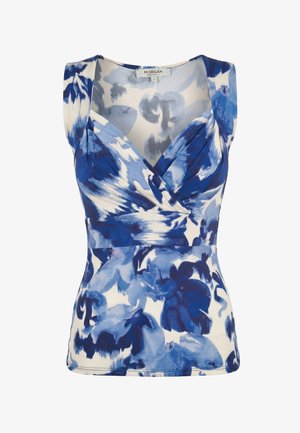 Top sin mangas para mujer con un patrón floral abstracto azul y blanco y un diseño cruzado con escote en V.